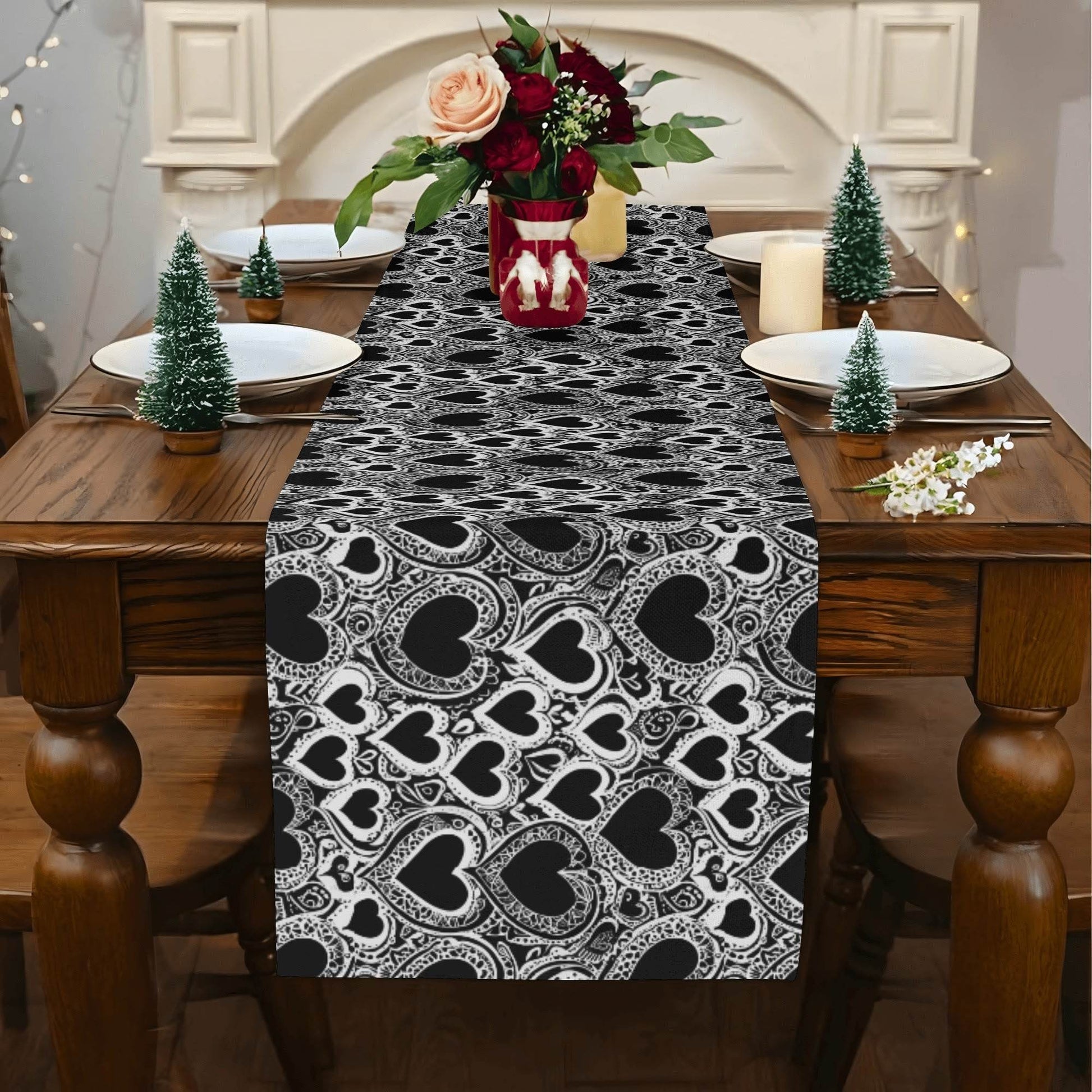 Black and White Groovy Hearts Polyester Table Runner - DeRose Seasonal