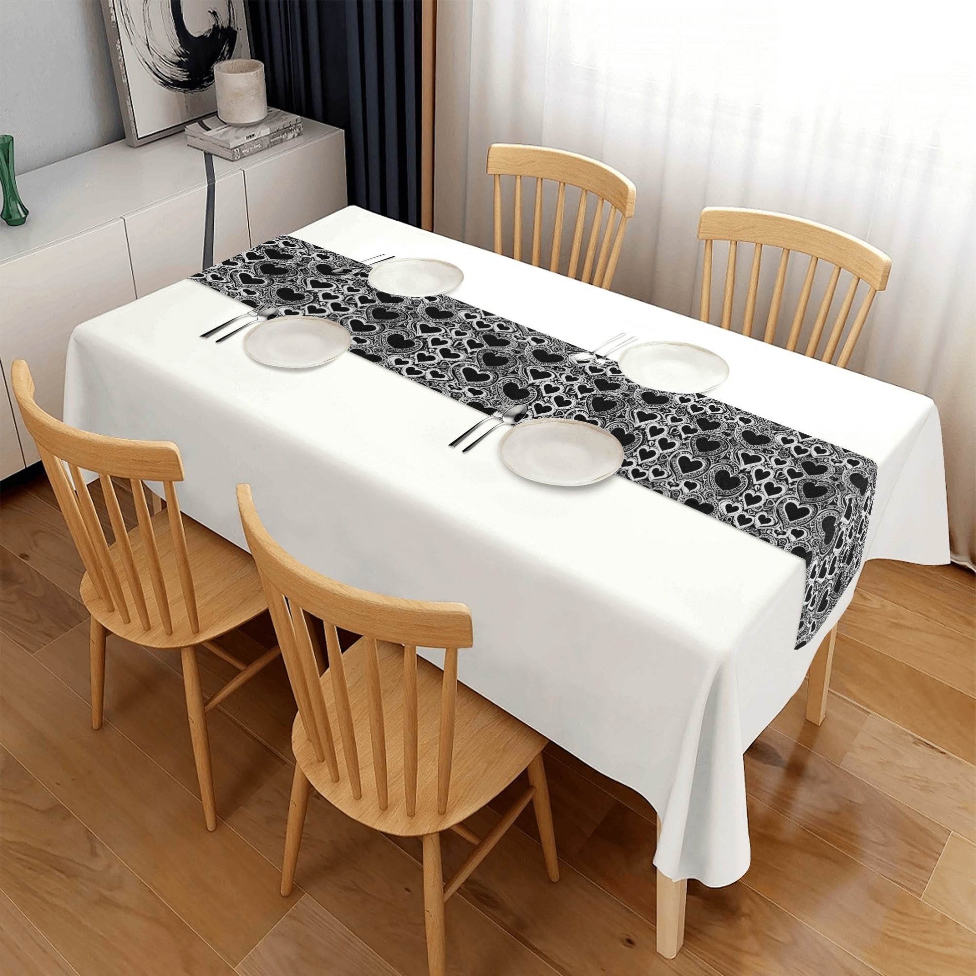 Black and White Groovy Hearts Polyester Table Runner - DeRose Seasonal