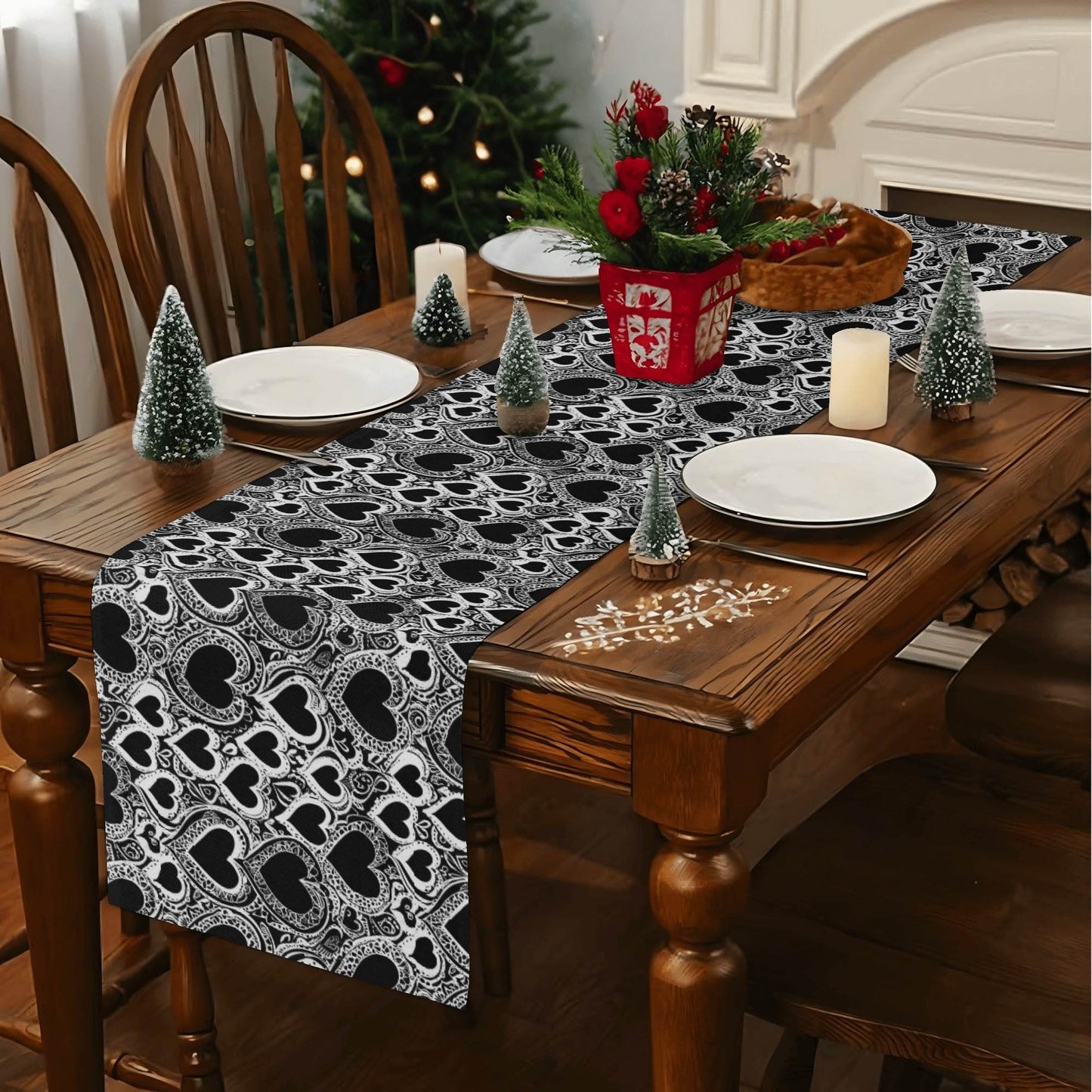 Black and White Groovy Hearts Polyester Table Runner - DeRose Seasonal