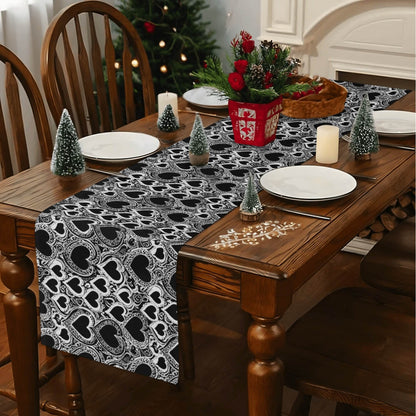 Black and White Groovy Hearts Polyester Table Runner - DeRose Seasonal
