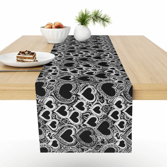 Black and White Groovy Hearts Polyester Table Runner - DeRose Seasonal