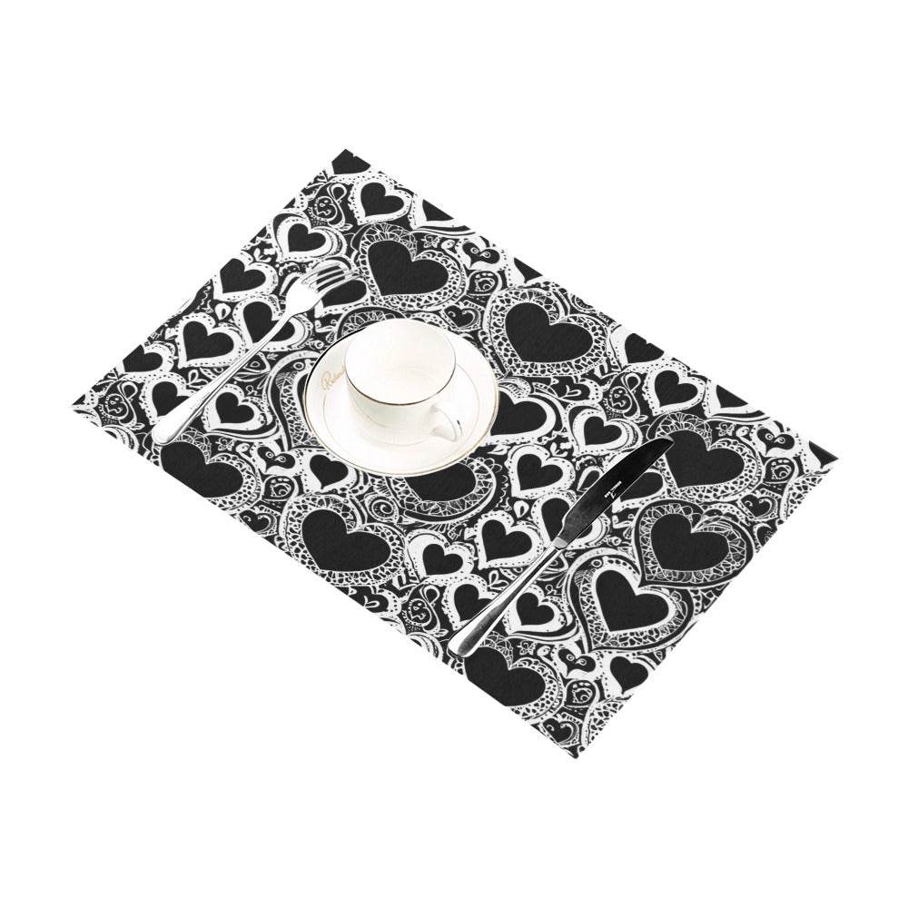 Black and White Groovy Hearts Table Placemat (set of 6) Placemats 12" x 18" (Set of 6) DeRose Seasonal