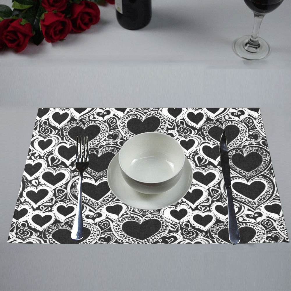 Black and White Groovy Hearts Table Placemat (set of 6) Placemats 12" x 18" (Set of 6) DeRose Seasonal