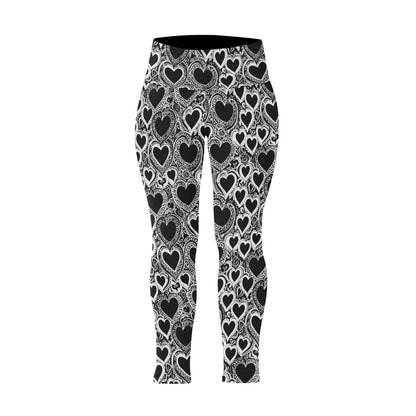 Black and White Groovy Hearts Women's Plus Size High Waited Leggings Women's High Waist Leggings(Plus Size)(ModelL45) - DeRose Seasonal