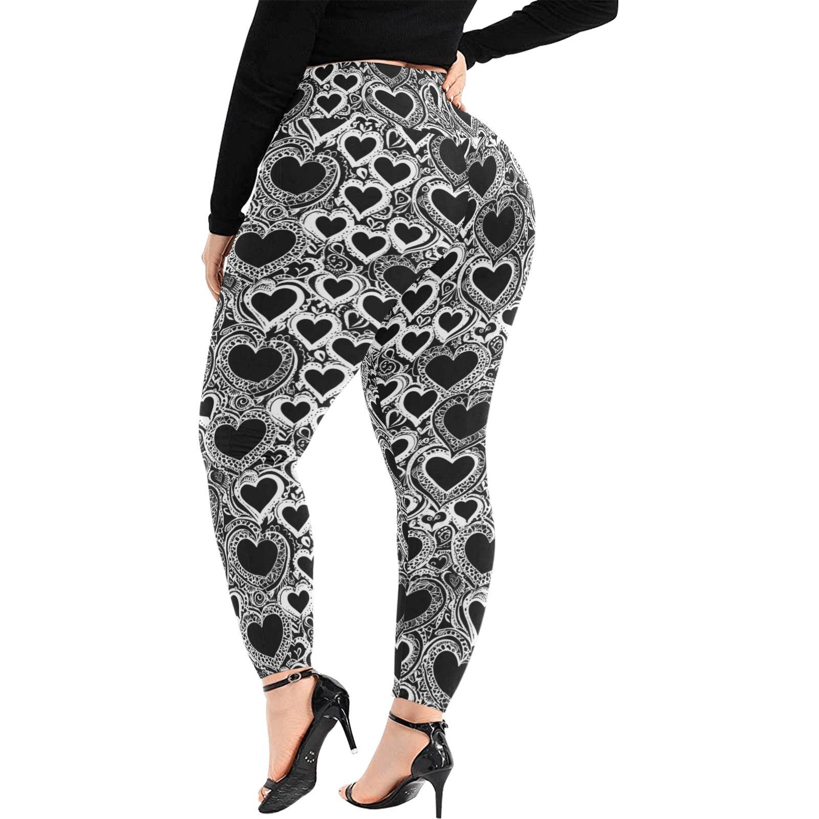 Black and White Groovy Hearts Women's Plus Size High Waited Leggings Women's High Waist Leggings(Plus Size)(ModelL45) - DeRose Seasonal
