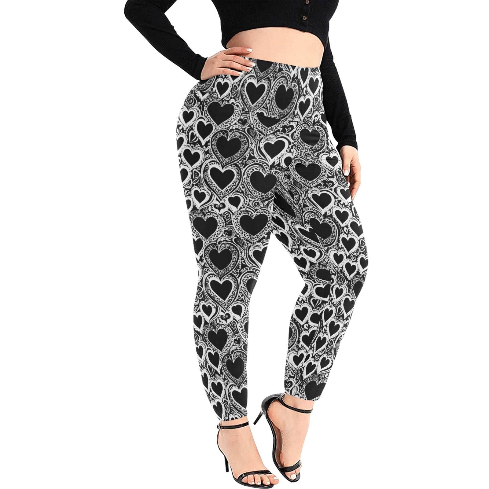 Black and White Groovy Hearts Women's Plus Size High Waited Leggings Women's High Waist Leggings(Plus Size)(ModelL45) - DeRose Seasonal