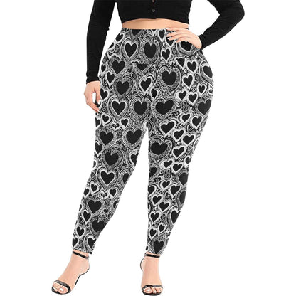Black and White Groovy Hearts Women's Plus Size High Waited Leggings Women's High Waist Leggings(Plus Size)(ModelL45) - DeRose Seasonal