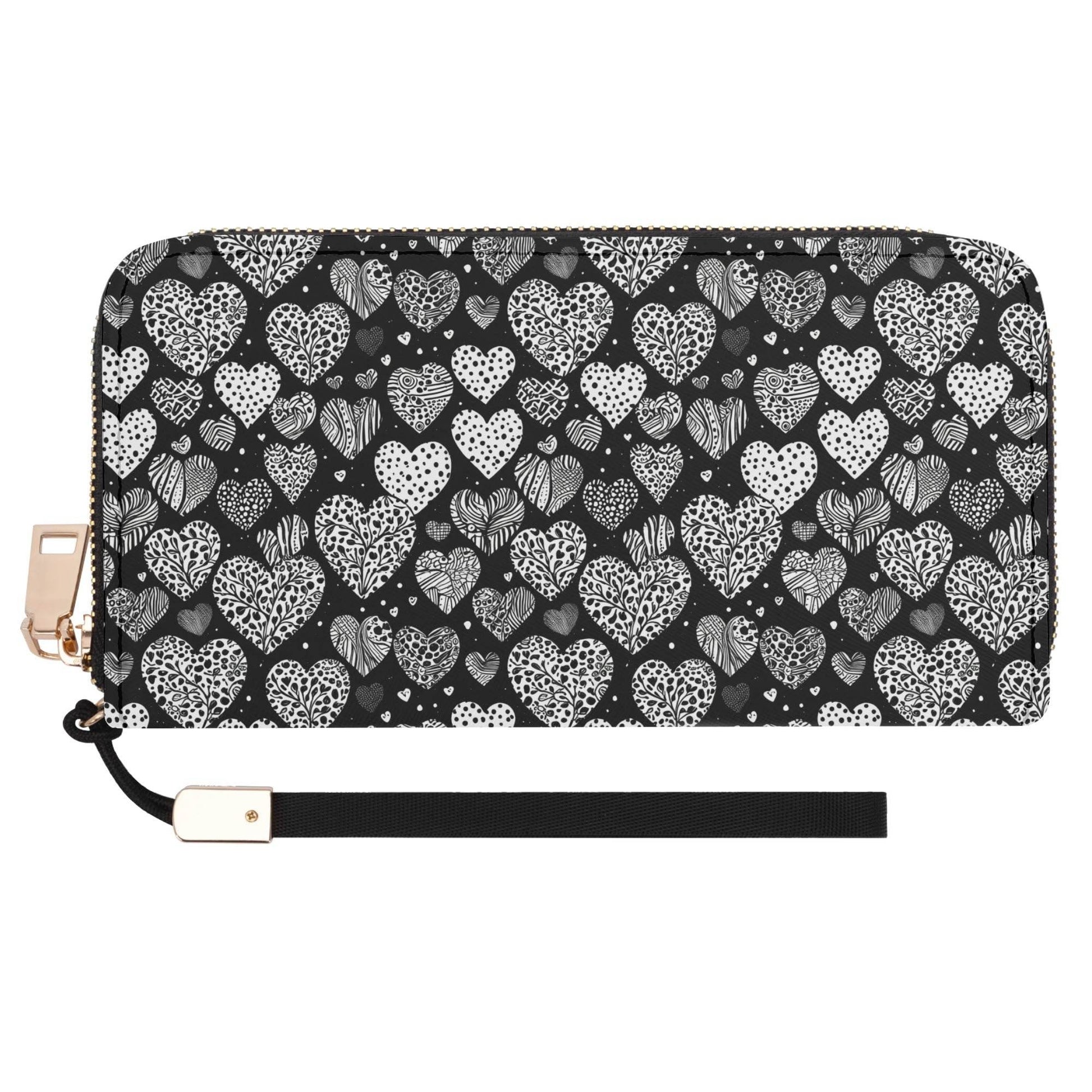 Black and White Hearts Women's Leather Zipper Wristlet Wallet - DeRose Seasonal