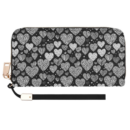 Black and White Hearts Women's Leather Zipper Wristlet Wallet - DeRose Seasonal