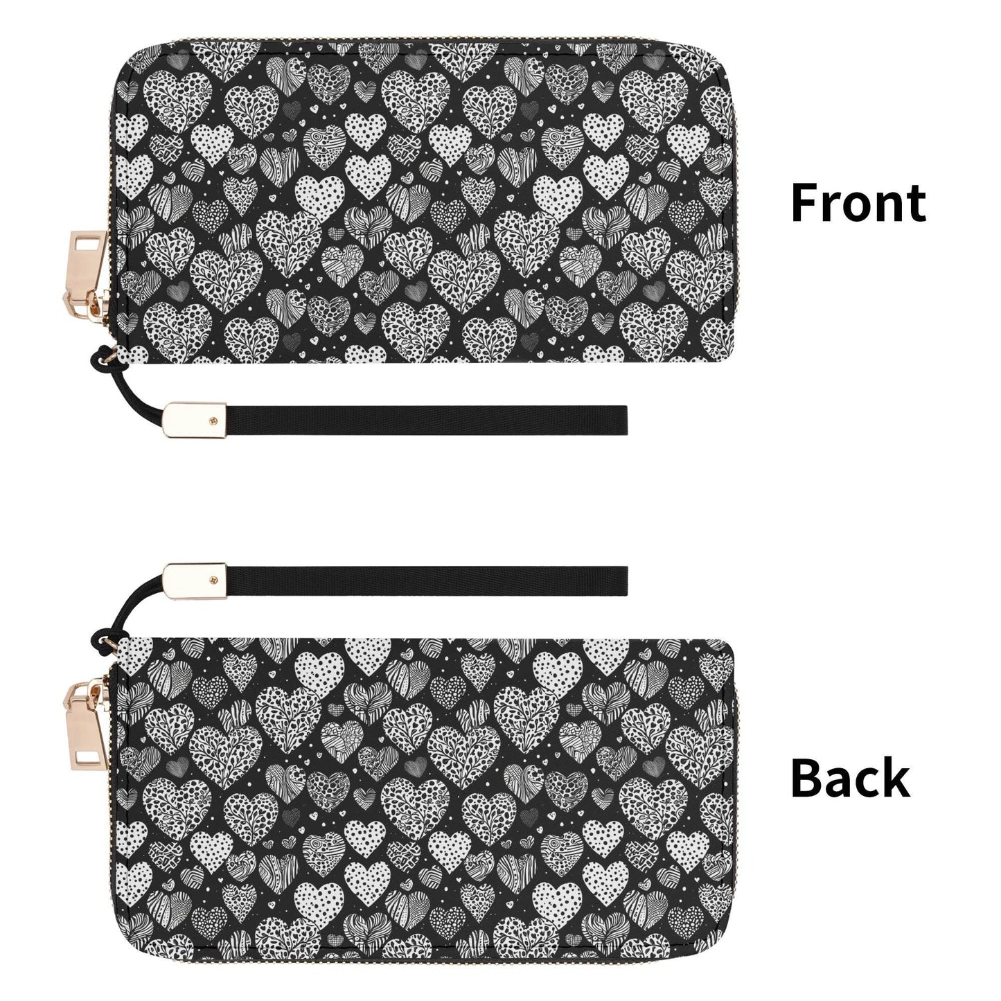 Black and White Hearts Women's Leather Zipper Wristlet Wallet - DeRose Seasonal
