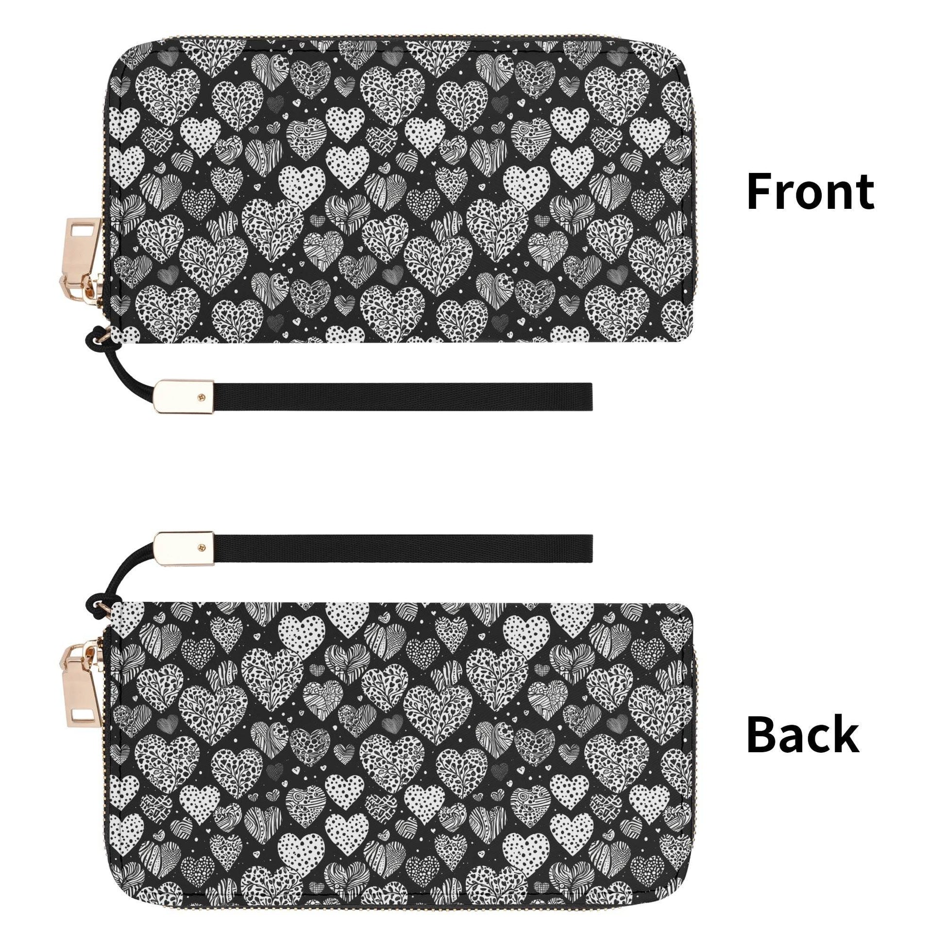 Black and White Hearts Women's Leather Zipper Wristlet Wallet - DeRose Seasonal