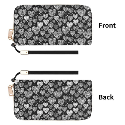 Black and White Hearts Women's Leather Zipper Wristlet Wallet - DeRose Seasonal