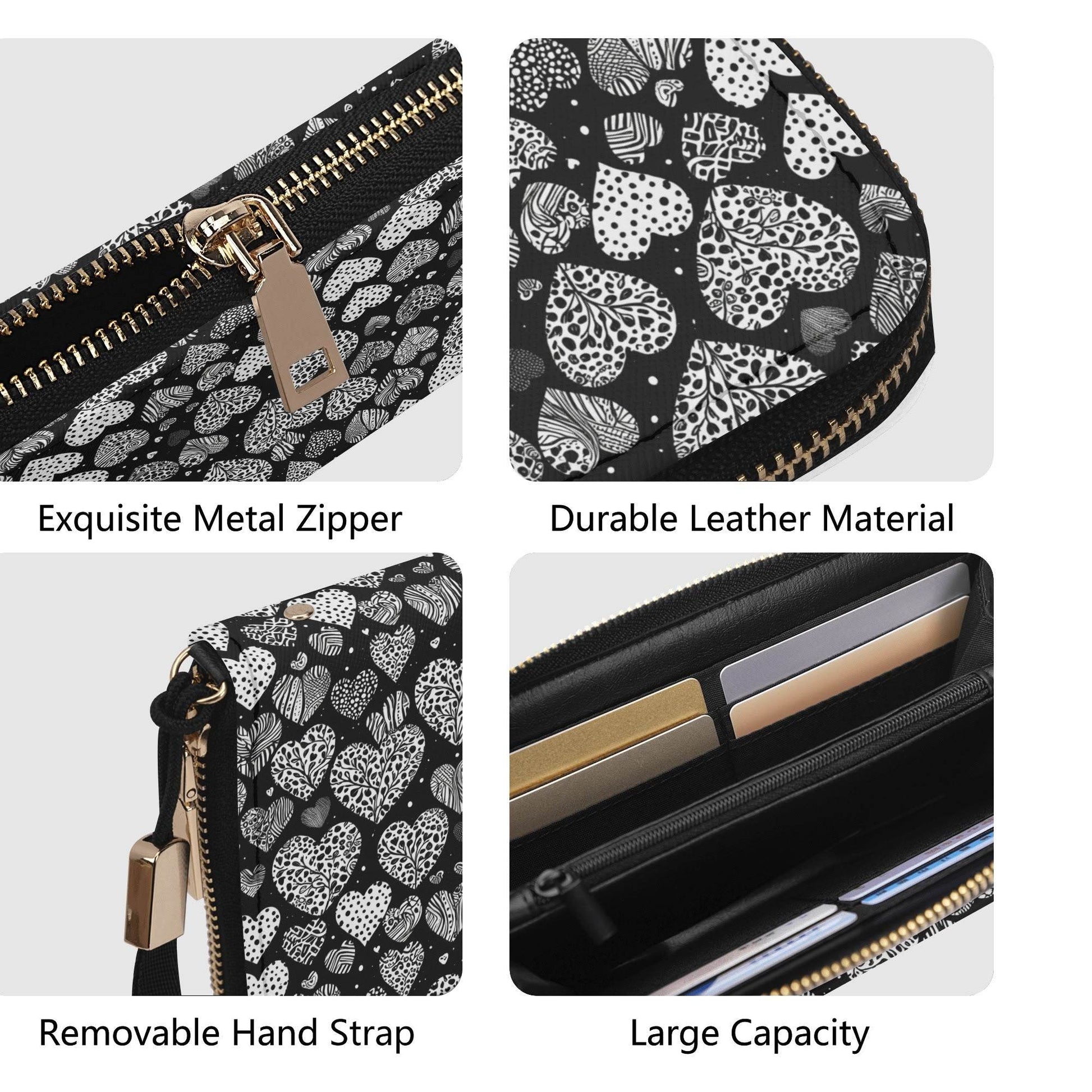 Black and White Hearts Women's Leather Zipper Wristlet Wallet - DeRose Seasonal
