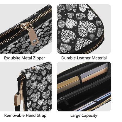 Black and White Hearts Women's Leather Zipper Wristlet Wallet - DeRose Seasonal