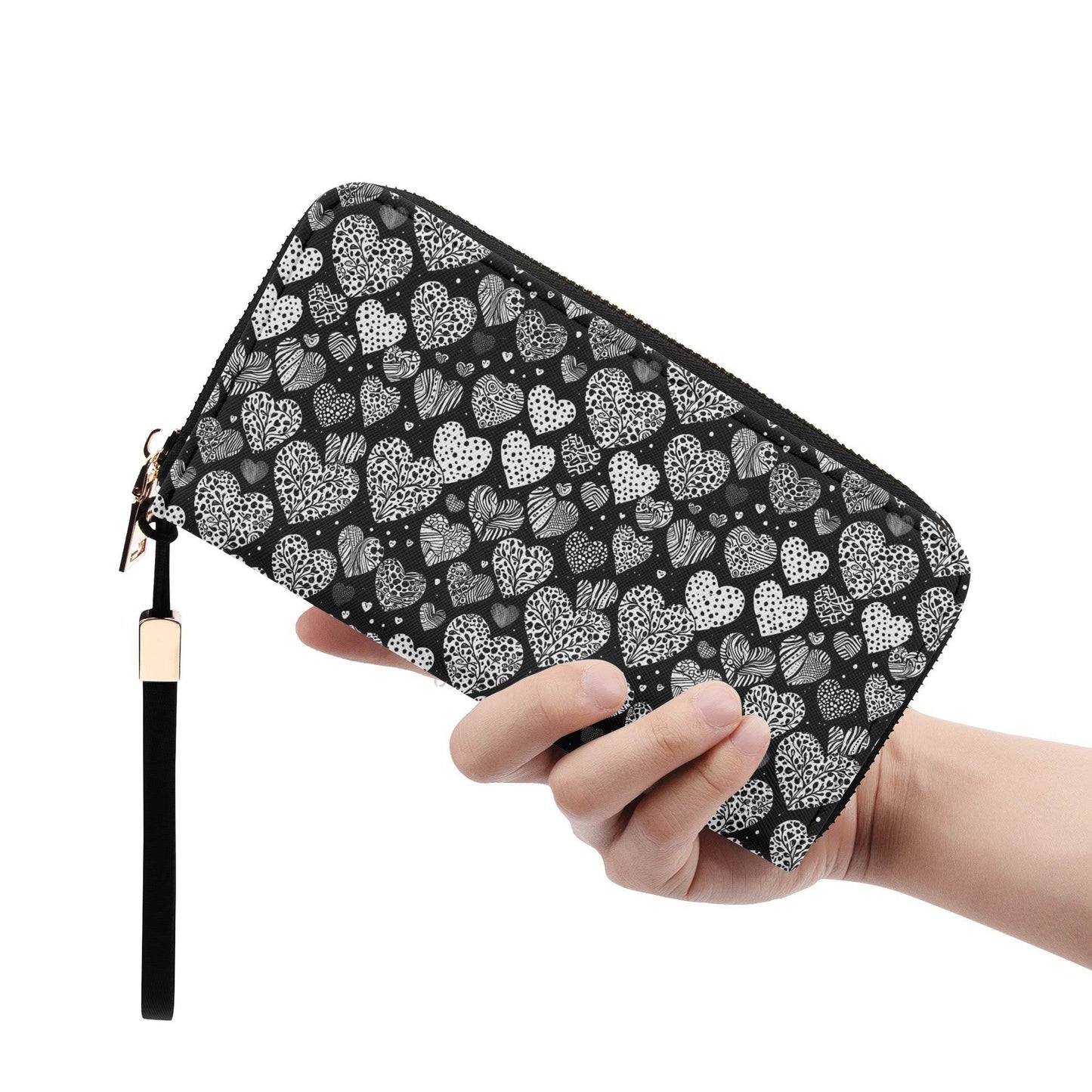 Black and White Hearts Women's Leather Zipper Wristlet Wallet - DeRose Seasonal