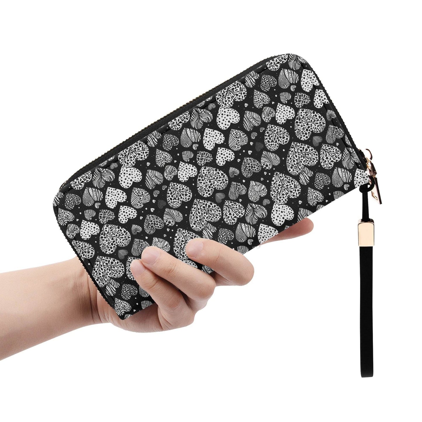 Black and White Hearts Women's Leather Zipper Wristlet Wallet - DeRose Seasonal