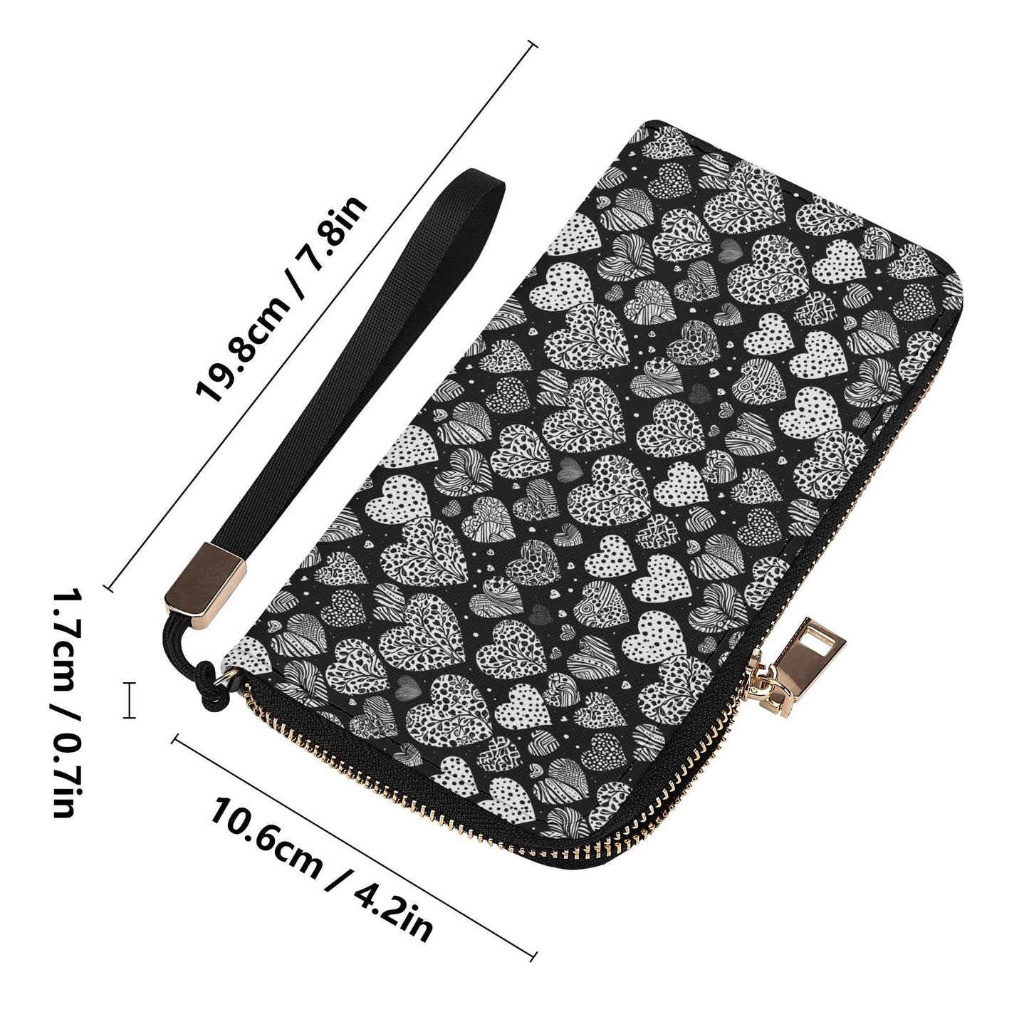 Black and White Hearts Women's Leather Zipper Wristlet Wallet - DeRose Seasonal