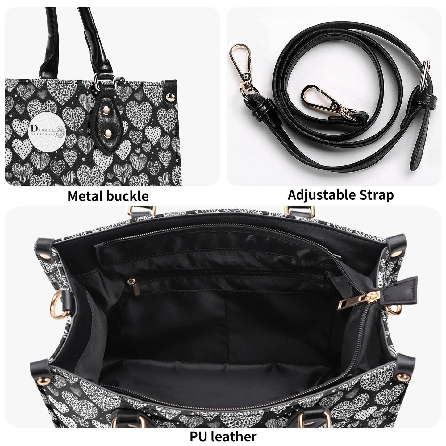 Black and White Hearts Luxury Women Leather Handbag (3 sizes) - DeRose Seasonal