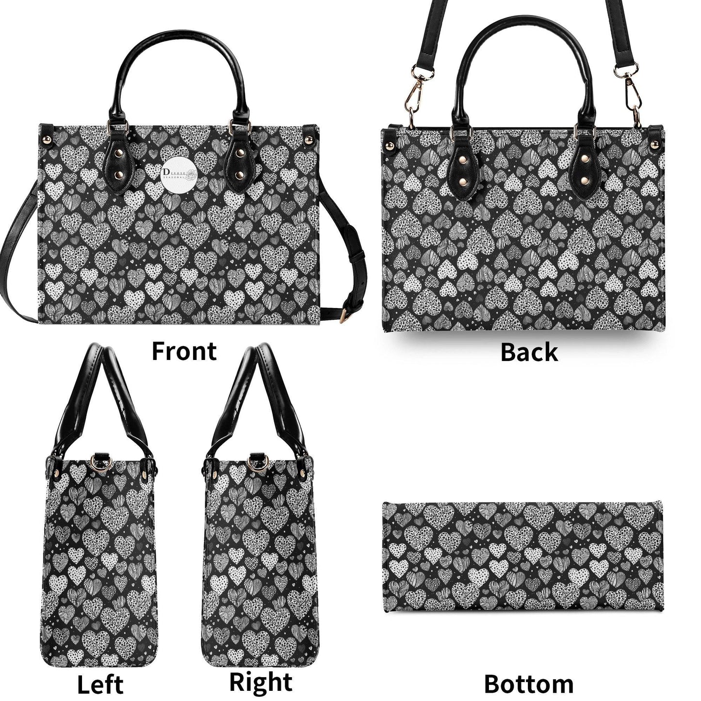 Black and White Hearts Luxury Women Leather Handbag (3 sizes) - DeRose Seasonal