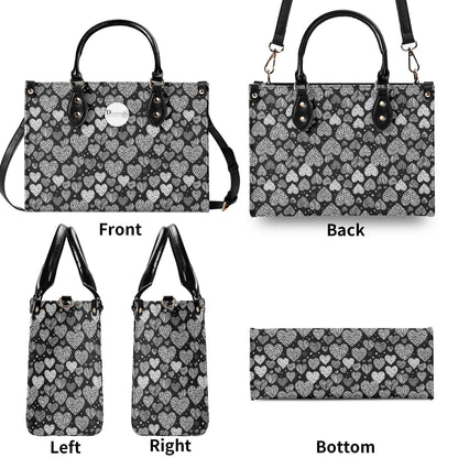 Black and White Hearts Luxury Women Leather Handbag (3 sizes) - DeRose Seasonal