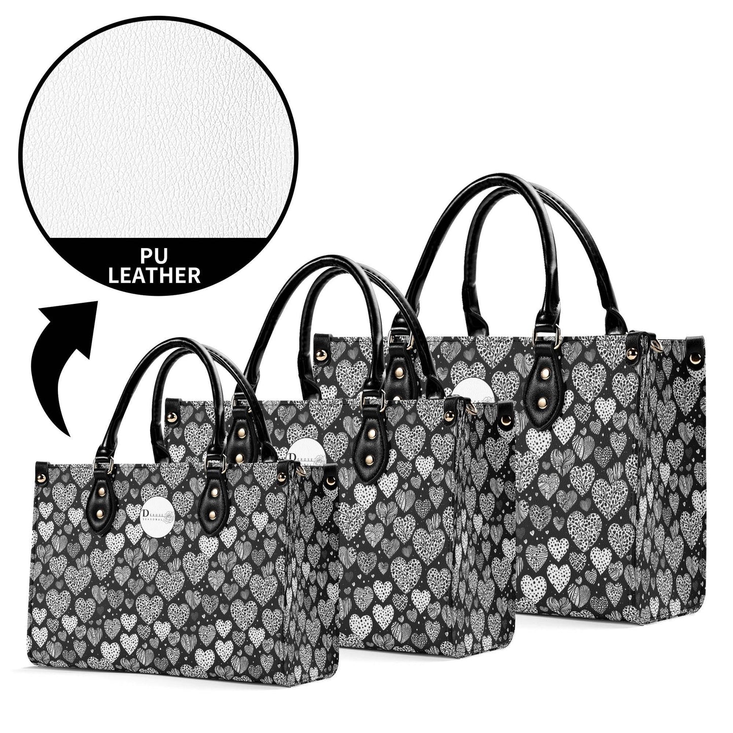 Black and White Hearts Luxury Women Leather Handbag (3 sizes) - DeRose Seasonal