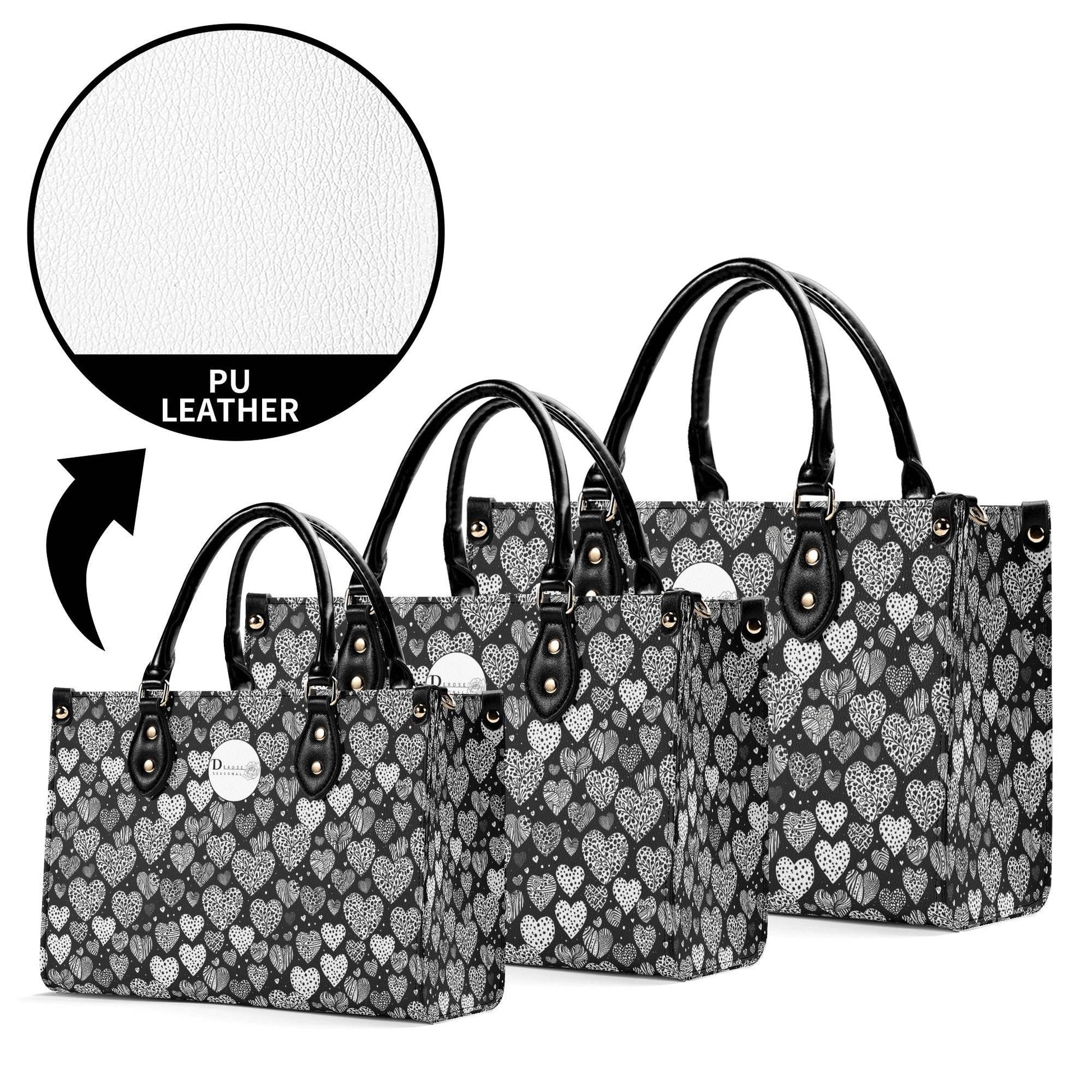 Black and White Hearts Luxury Women Leather Handbag (3 sizes) - DeRose Seasonal