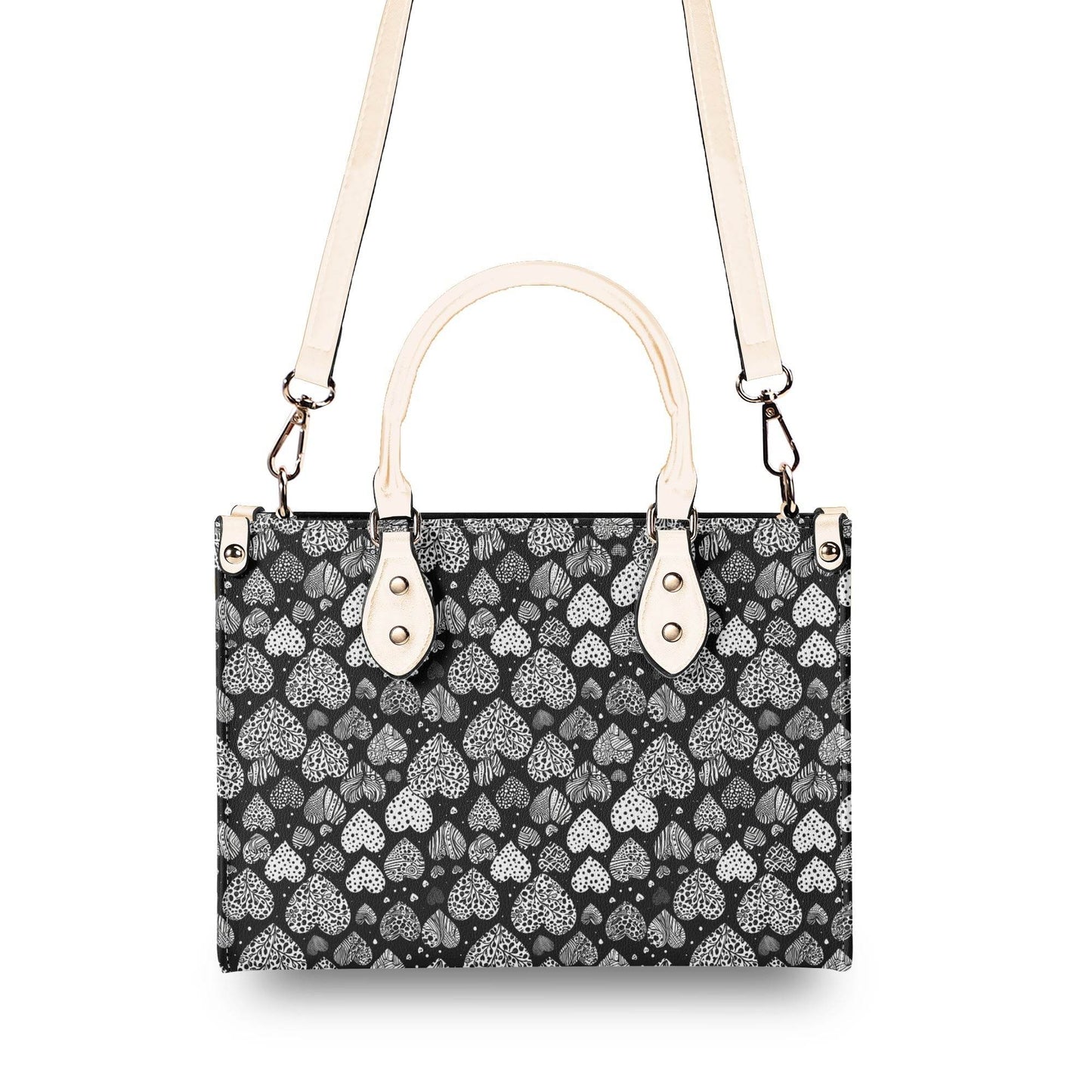 Black and White Hearts Luxury Women Leather Handbag (3 sizes) - DeRose Seasonal