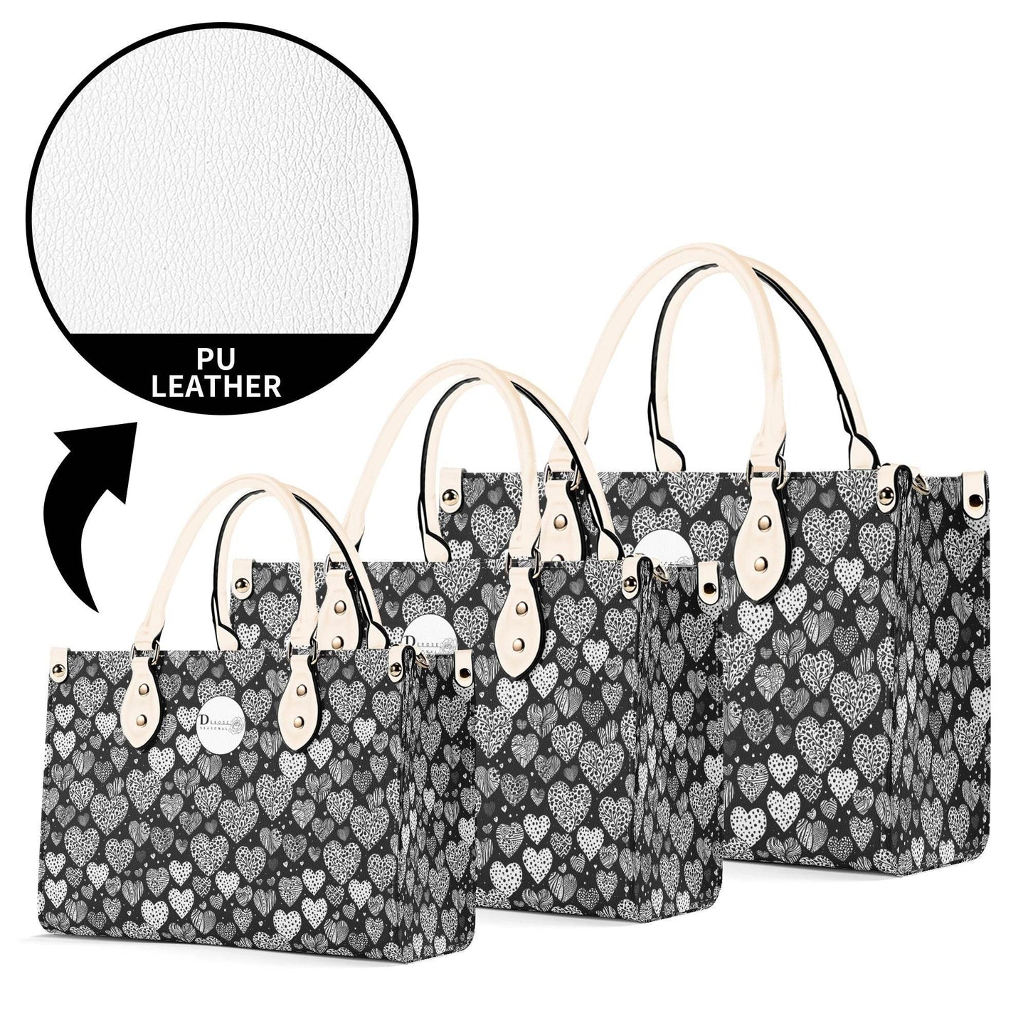 Black and White Hearts Luxury Women Leather Handbag (3 sizes) - DeRose Seasonal
