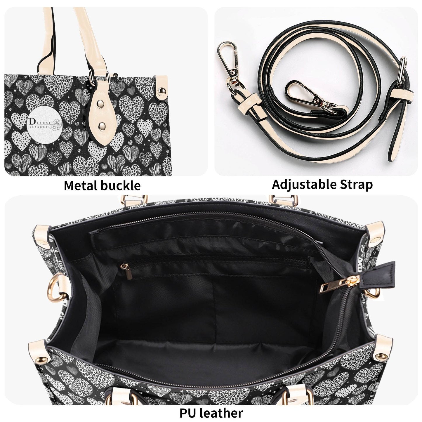 Black and White Hearts Luxury Women Leather Handbag (3 sizes) - DeRose Seasonal