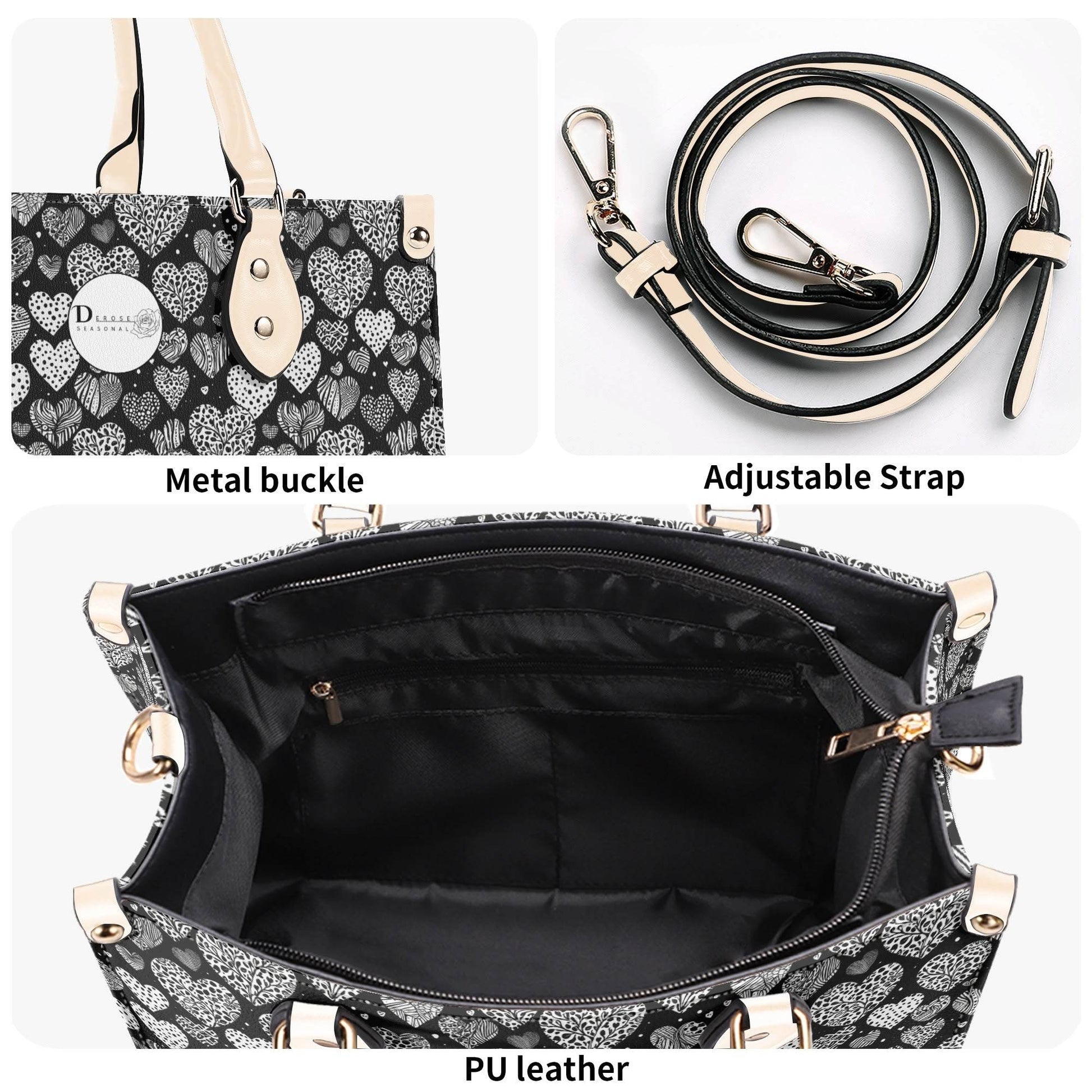 Black and White Hearts Luxury Women Leather Handbag (3 sizes) - DeRose Seasonal