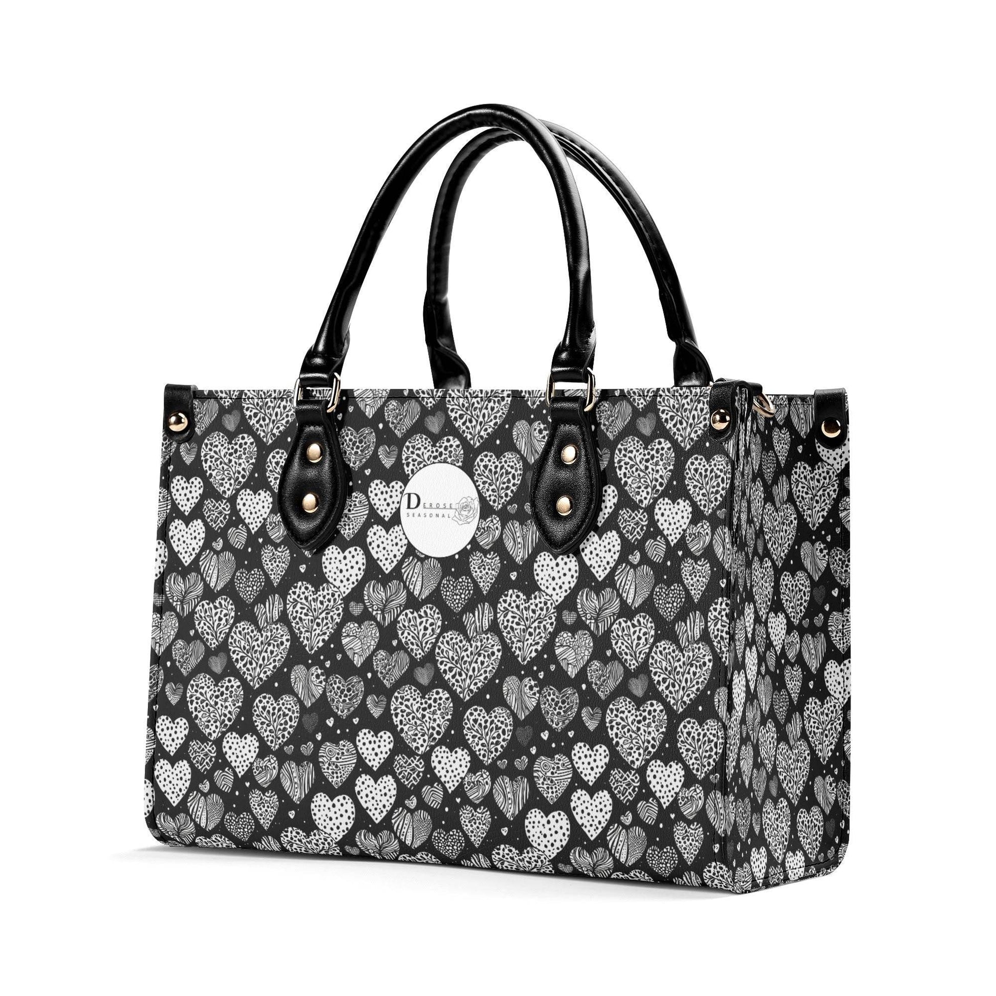 Black and White Hearts Luxury Women Leather Handbag (3 sizes) - DeRose Seasonal