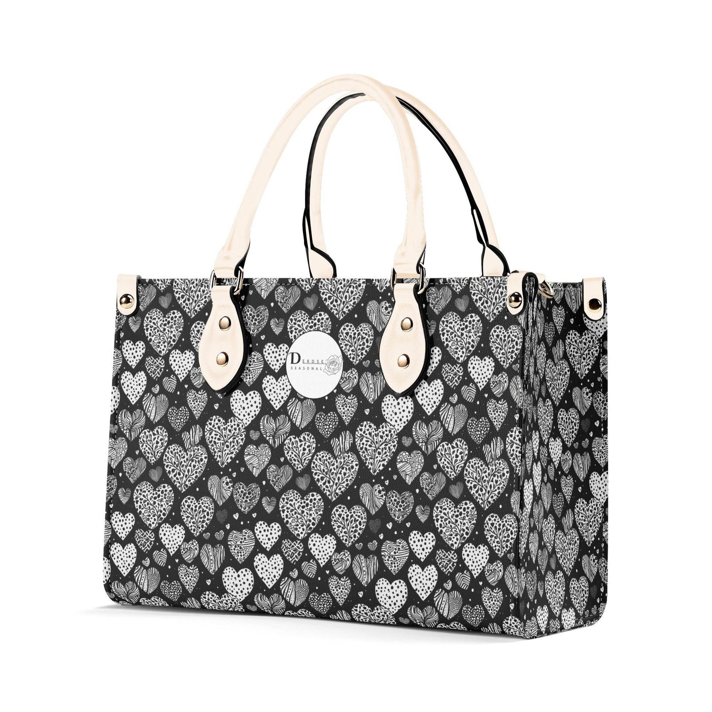 Black and White Hearts Luxury Women Leather Handbag (3 sizes) - DeRose Seasonal
