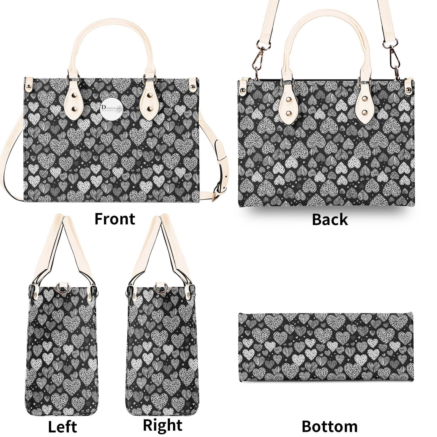 Black and White Hearts Luxury Women Leather Handbag (3 sizes) - DeRose Seasonal