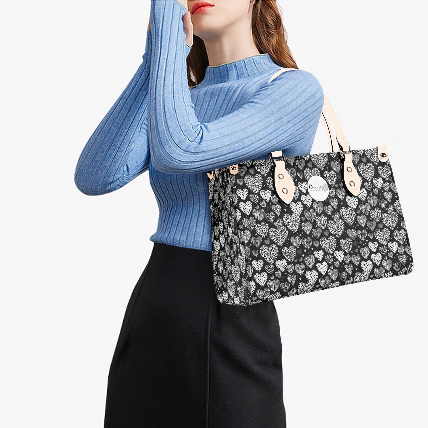 Black and White Hearts Luxury Women Leather Handbag (3 sizes) - DeRose Seasonal