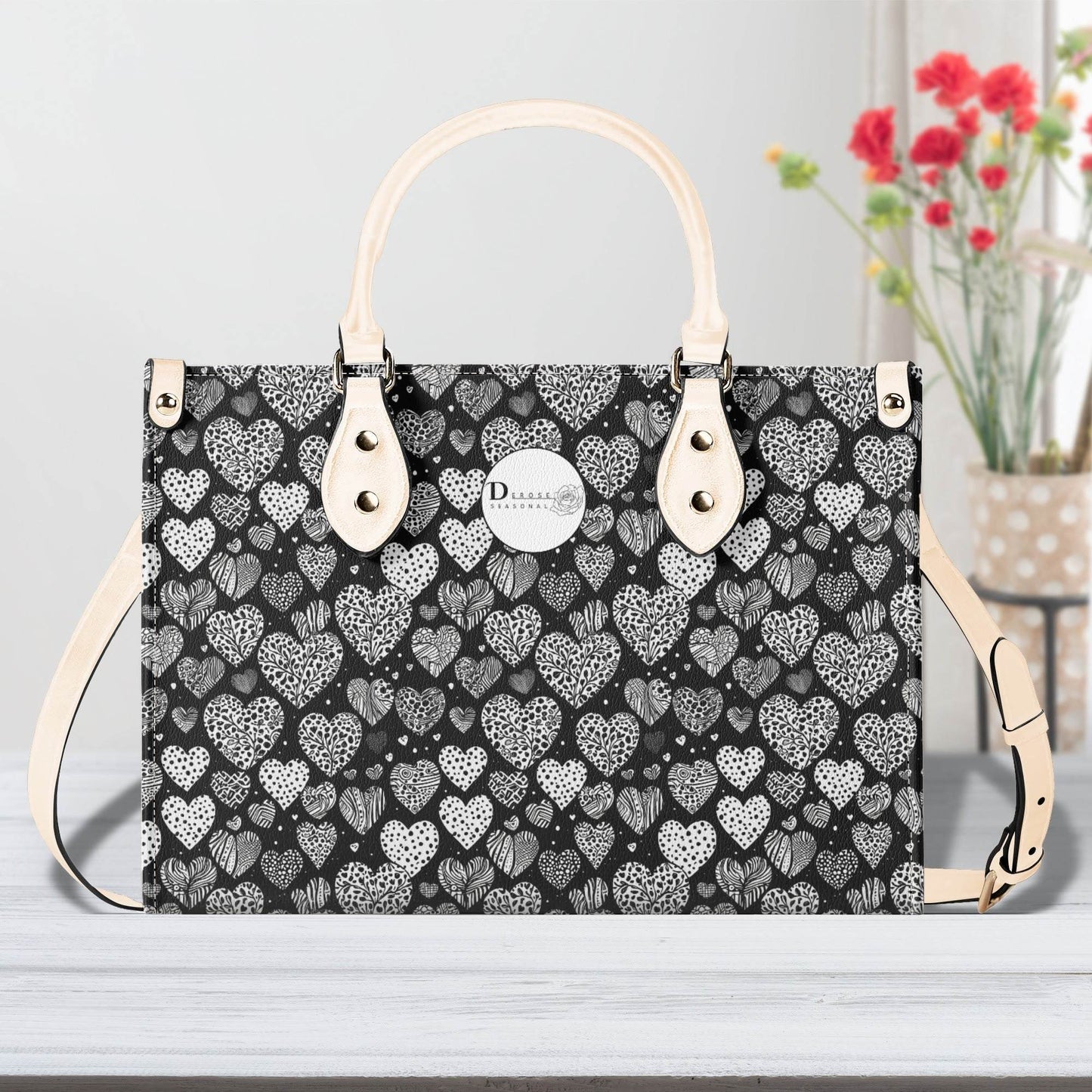 Black and White Hearts Luxury Women Leather Handbag (3 sizes) - DeRose Seasonal