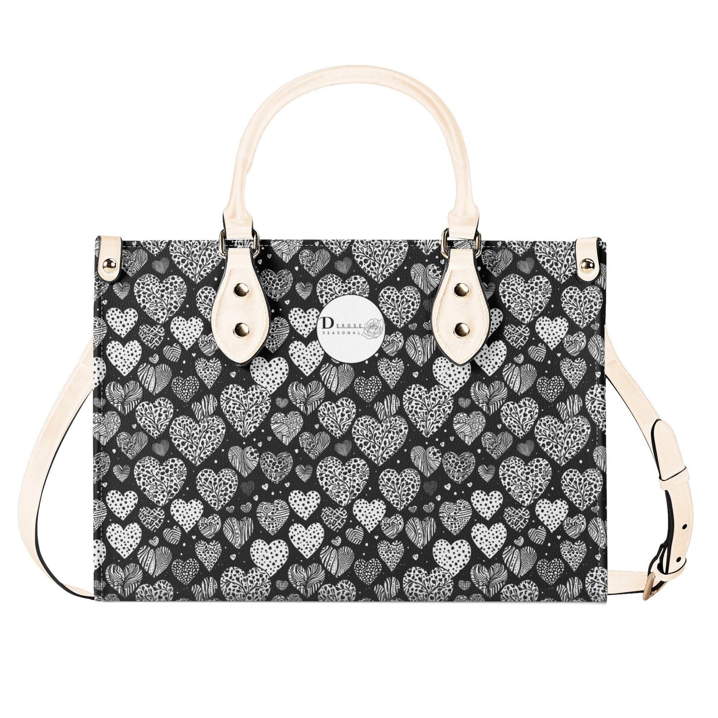 Black and White Hearts Luxury Women Leather Handbag (3 sizes) - DeRose Seasonal