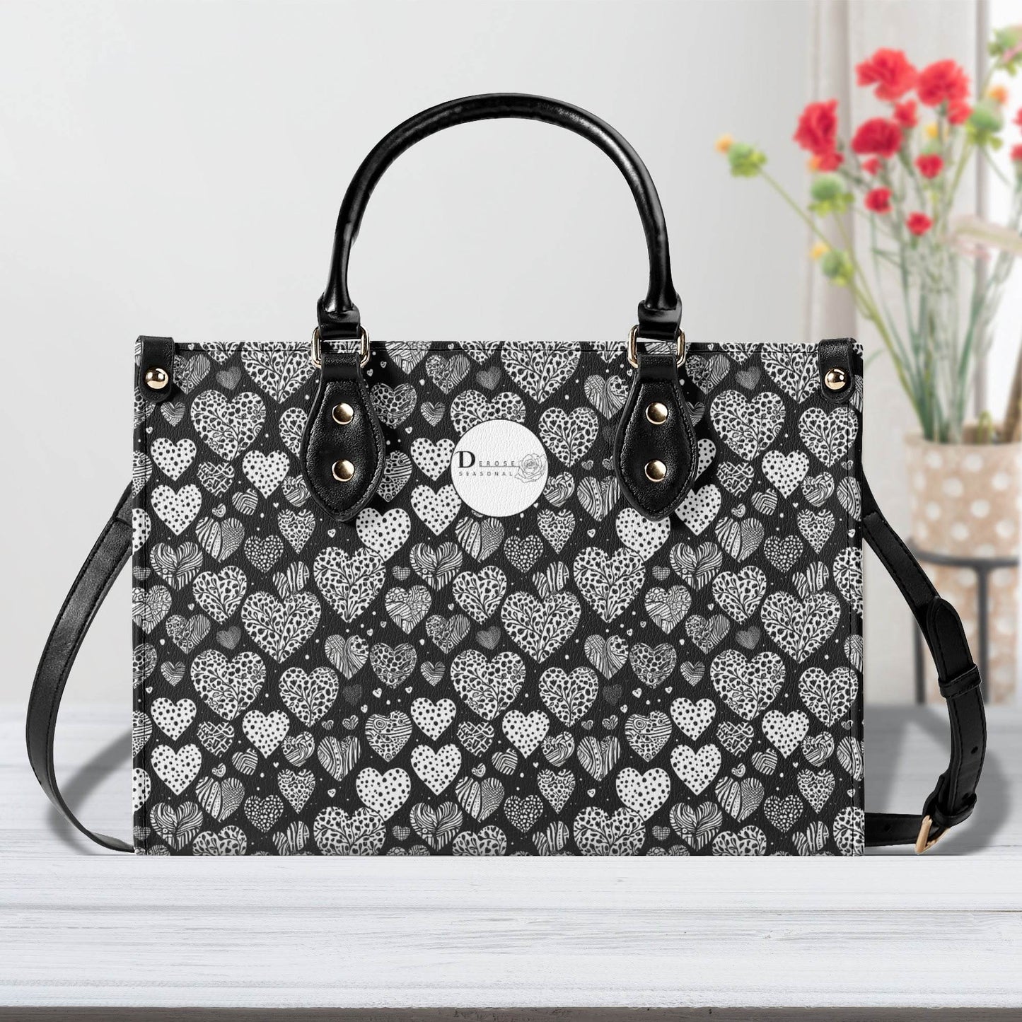Black and White Hearts Luxury Women Leather Handbag (3 sizes) - DeRose Seasonal