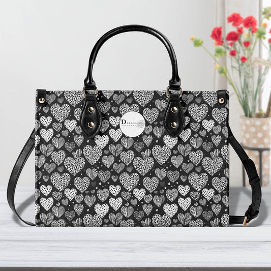 Black and White Hearts Luxury Women Leather Handbag (3 sizes) - DeRose Seasonal