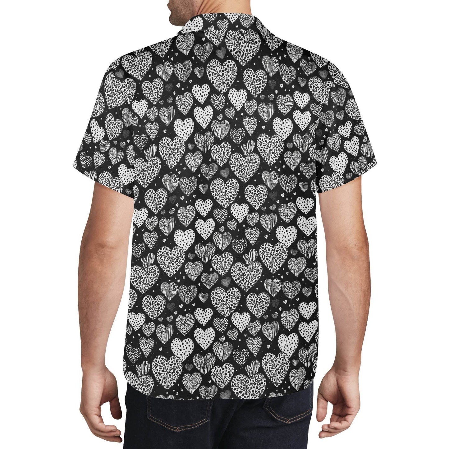 Black and White Hearts Men's Casual Hawaiian Shirt - DeRose Seasonal