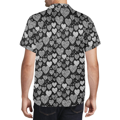 Black and White Hearts Men's Casual Hawaiian Shirt - DeRose Seasonal