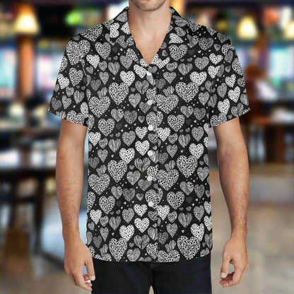 Black and White Hearts Men's Casual Hawaiian Shirt - DeRose Seasonal