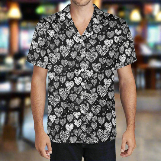Black and White Hearts Men's Casual Hawaiian Shirt - DeRose Seasonal