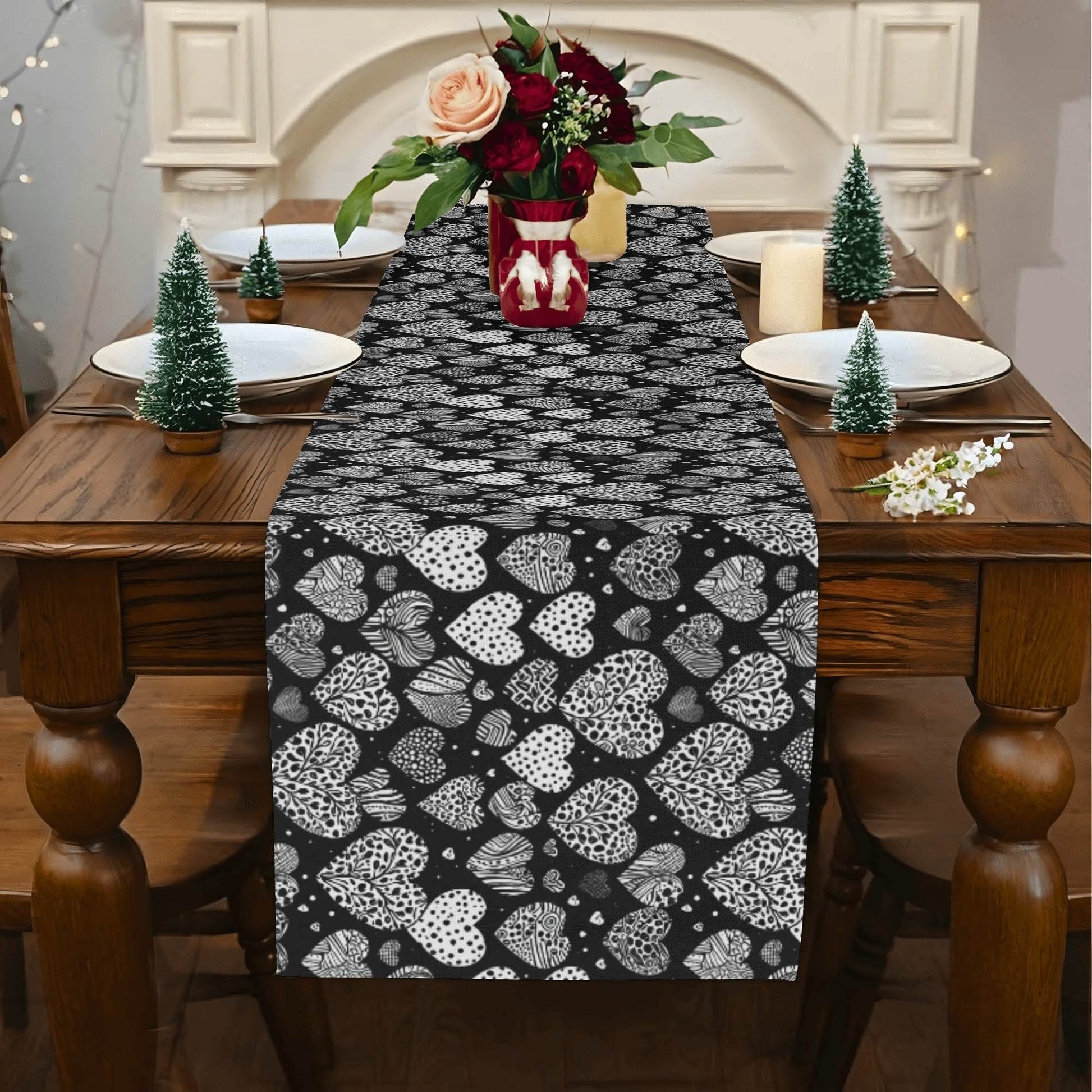 Black and White Hearts Polyester Table Runner - DeRose Seasonal