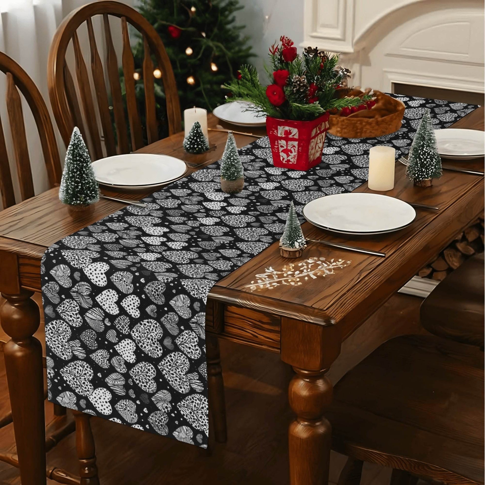 Black and White Hearts Polyester Table Runner - DeRose Seasonal