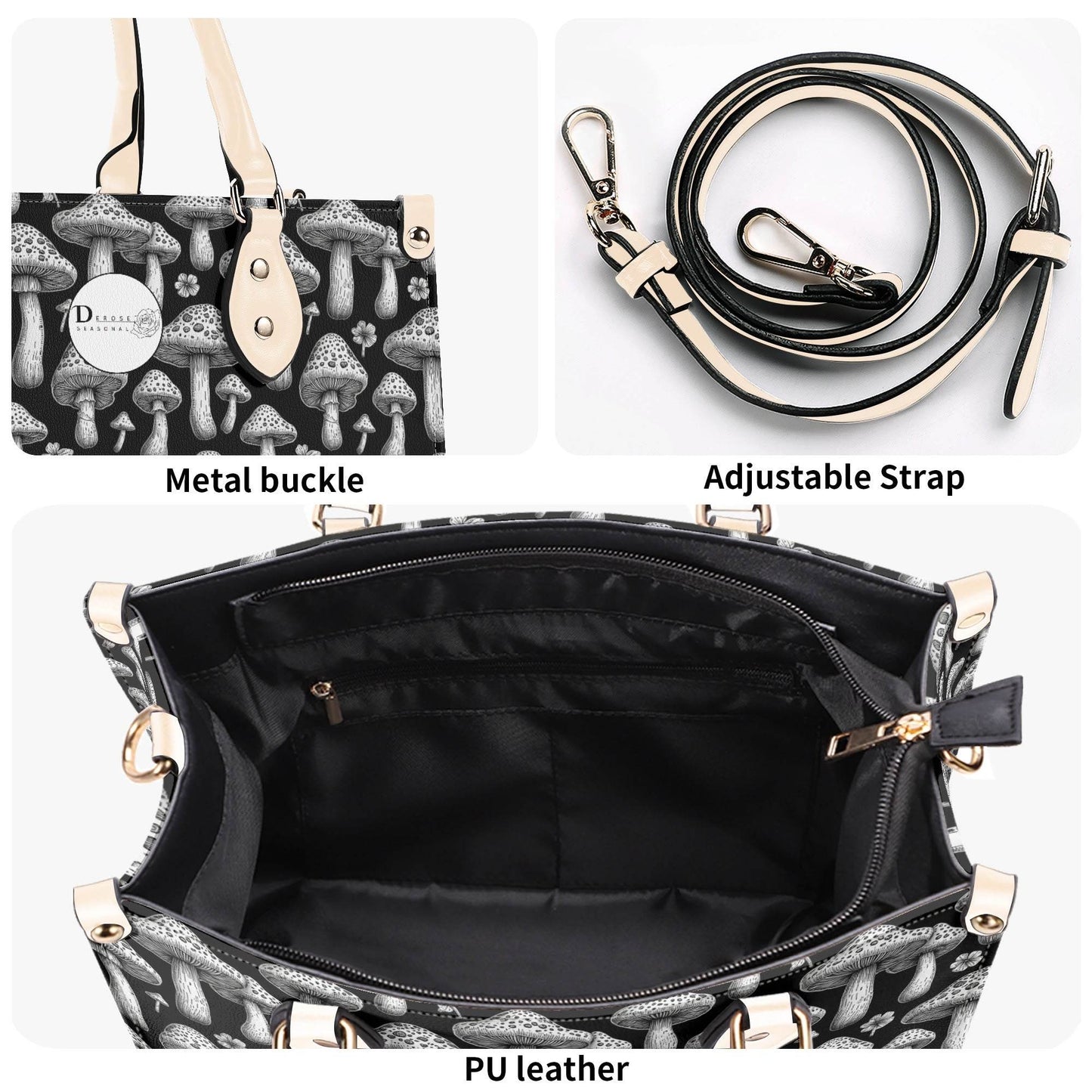 Black and White Mushroom Luxury Women Leather Handbag (3 sizes) - DeRose Seasonal