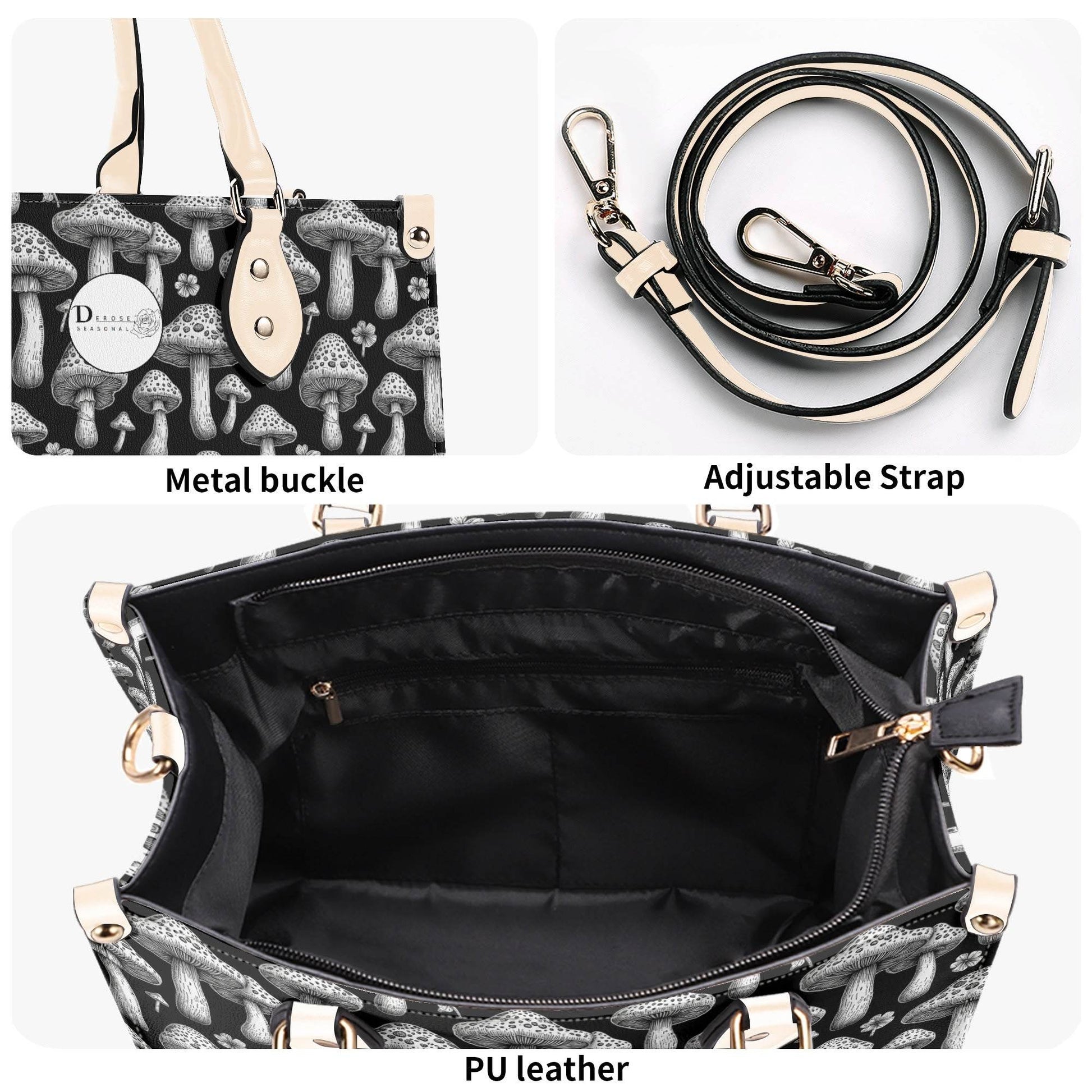 Black and White Mushroom Luxury Women Leather Handbag (3 sizes) - DeRose Seasonal