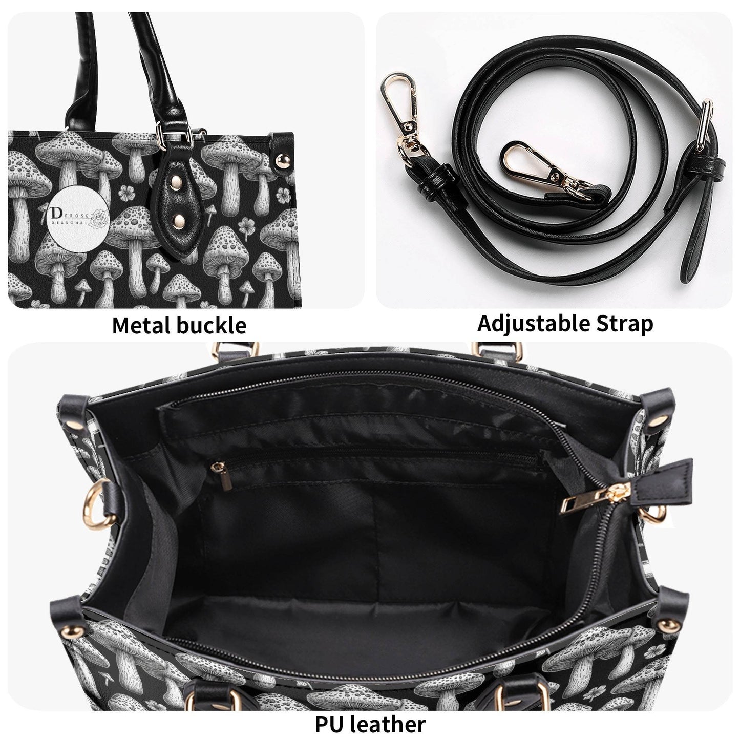 Black and White Mushroom Luxury Women Leather Handbag (3 sizes) - DeRose Seasonal
