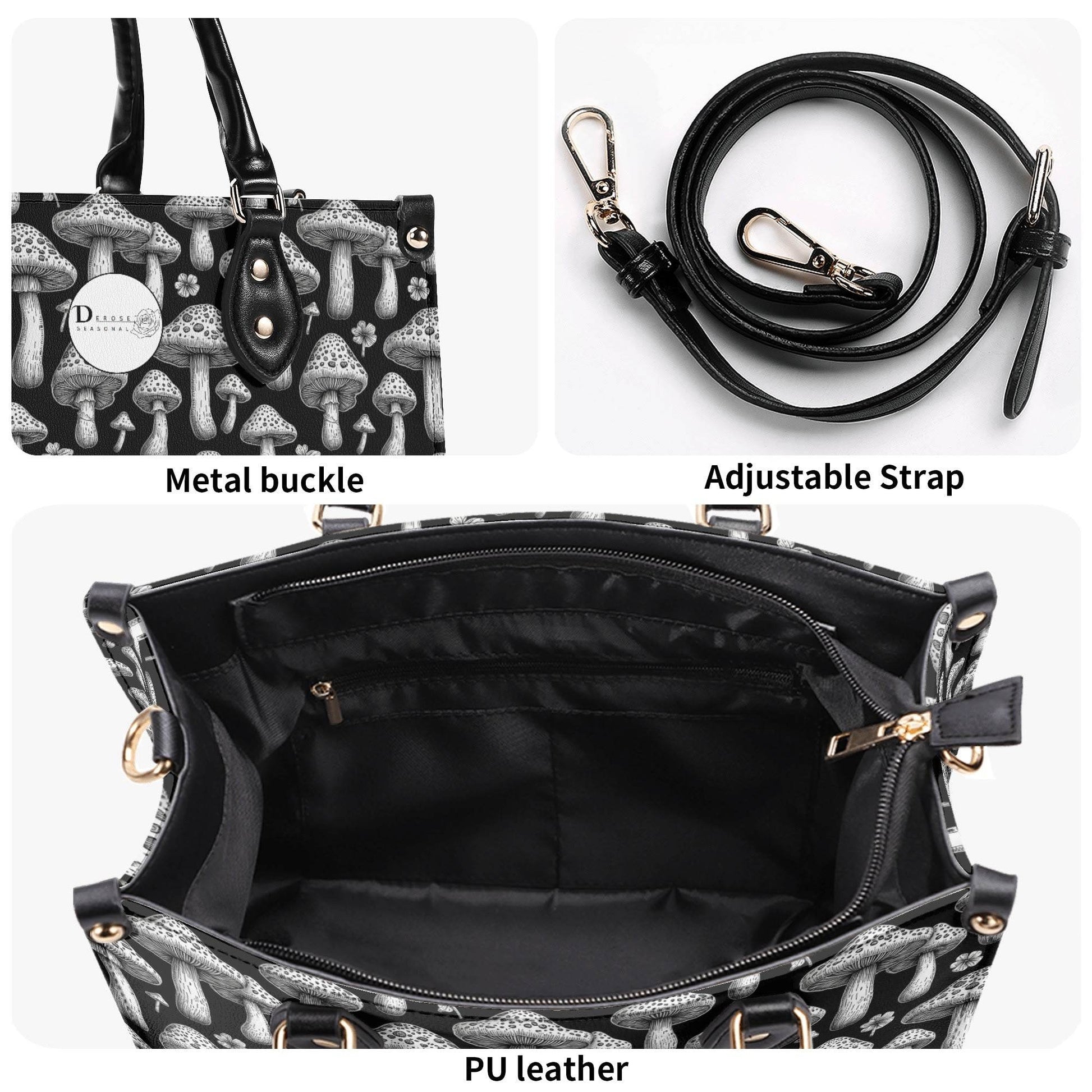 Black and White Mushroom Luxury Women Leather Handbag (3 sizes) - DeRose Seasonal