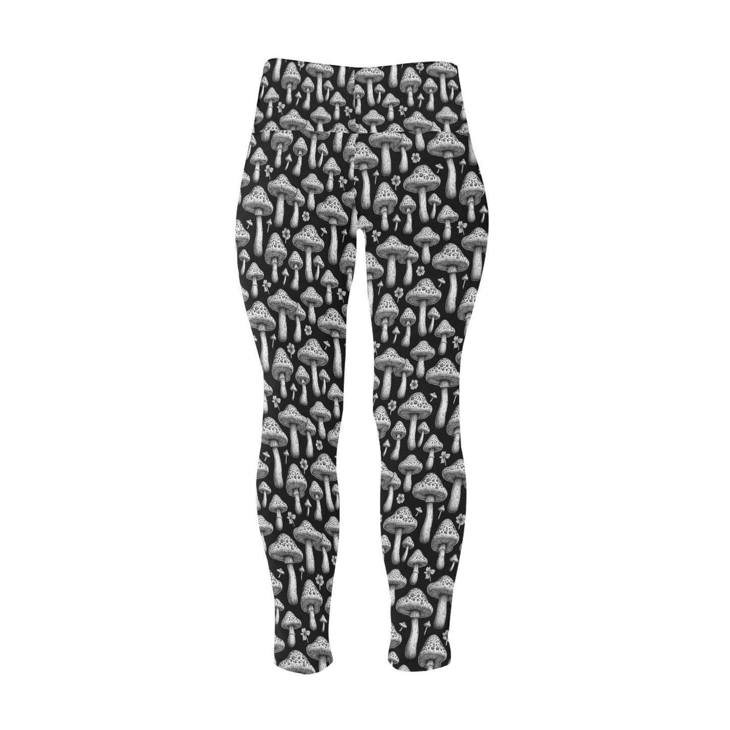 Black and White Mushrooms Women's Plus Size High Waited Leggings Women's High Waist Leggings(Plus Size)(ModelL45) - DeRose Seasonal