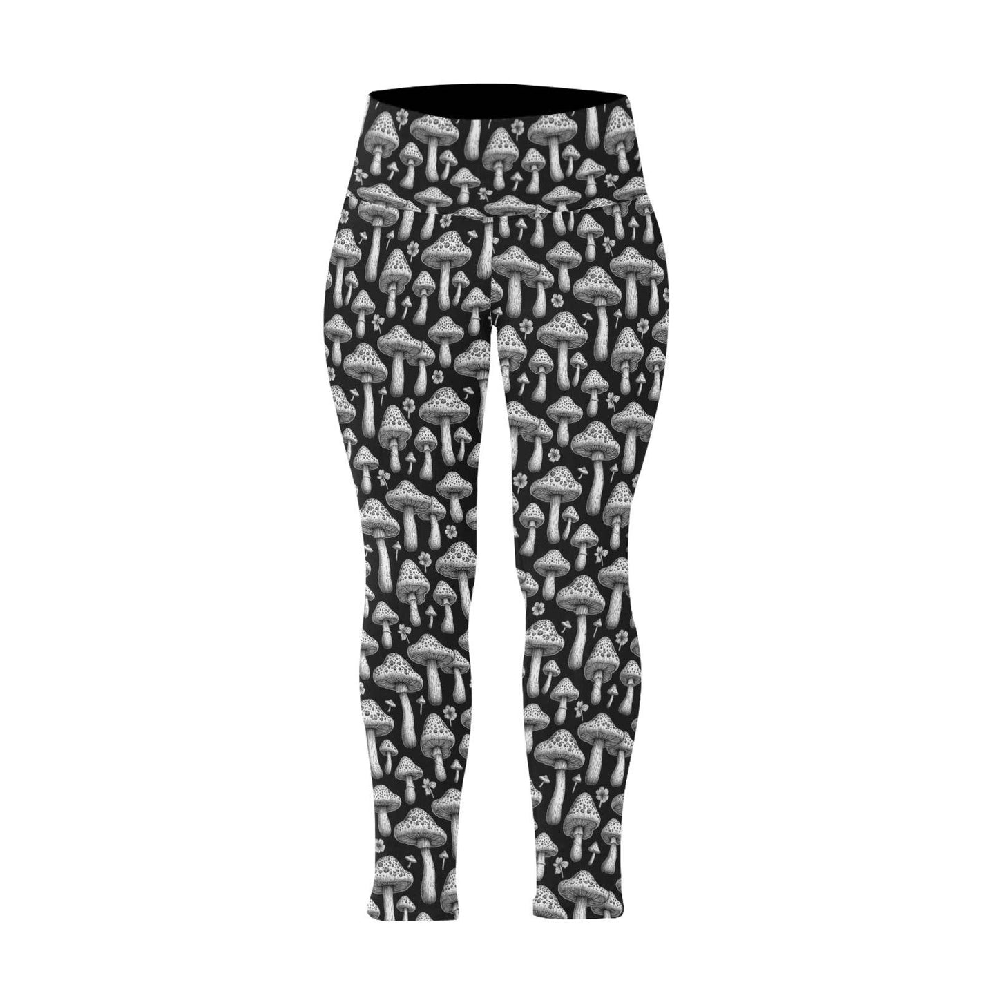 Black and White Mushrooms Women's Plus Size High Waited Leggings Women's High Waist Leggings(Plus Size)(ModelL45) - DeRose Seasonal